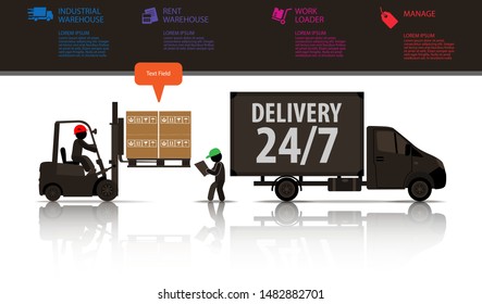 Web icons of people with infographics. A forklift loads the packages in the truck. Vector banner