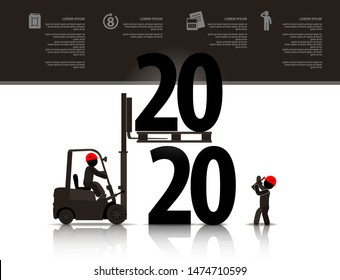 Web icons of people with infographics. The warehouse worker puts the numbers 2020 on top. Vector banner