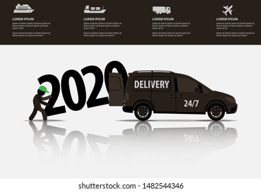 Web icons of people with infographics. A worker loads a huge number 2020 in the car. Vector banner