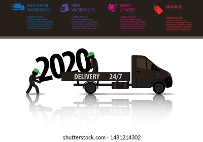 Web icons of people with infographics. Working movers unload huge figures 2020. Vector banner