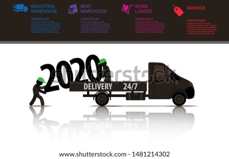 Web icons of people with infographics. Working movers unload huge figures 2020. Vector banner