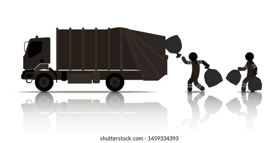 web icons of people. two workers loaded bags of garbage in the garbage truck. Vector banner