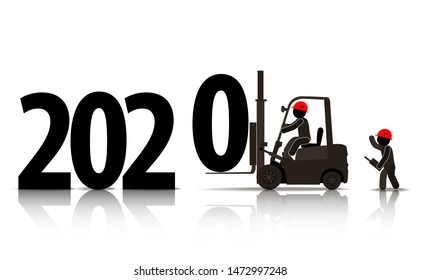 Web icons of people. Warehouse worker carries the numbers 2020 on the forklift. Vector banner