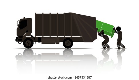 web icons of people. worker loads an old sofa in the garbage truck. Vector banner