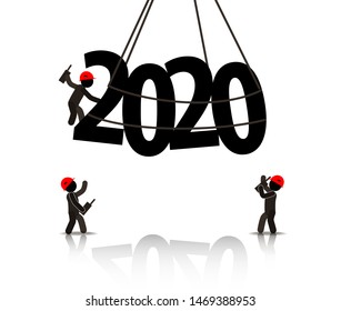 Web icons of people. Workers lowered a huge construction crane numbers 2020. Vector banner
