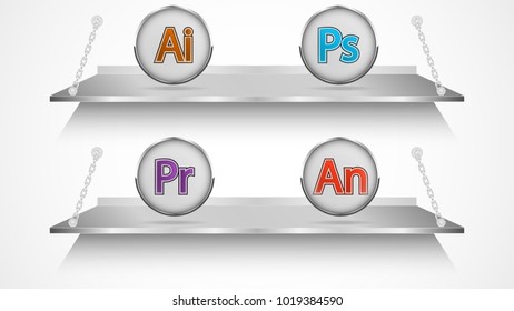 web icons of program file name suffixes on a metal shelf
