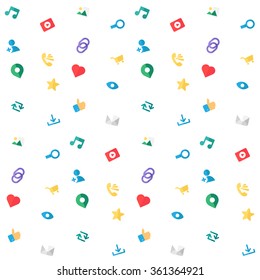 Web Icons Seamless Pattern for blog and social networks, online shopping and email, files of video, images and photos. Elements for count of views, likes and reposts. Vector