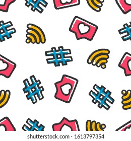 Web Icons Seamless Pattern. Social Media Signs Seamless Pattern. Web Icons Hand Drawn Seamless Pattern on white background isolated. Stock Vector Illustration. Cartoon style. 