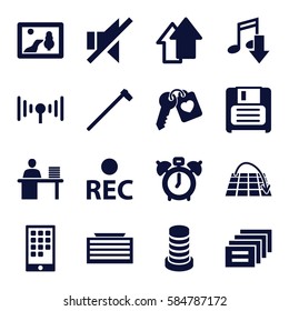 web icons set. Set of 16 web filled icons such as business center building, garden hammer, heart key, rec, diskette, no sound, man working at the table, building, signal