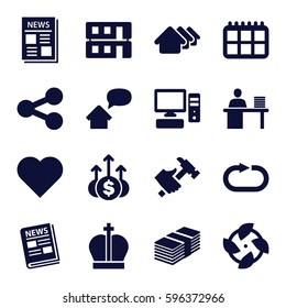 web icons set. Set of 16 web filled icons such as house, hummer, news, reload replay, man working at the table, pc, house building, home message, share, money, crown, money up