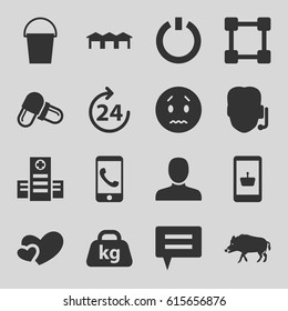 Web icons set. set of 16 web filled icons such as hog, 24 hours, man, sad emot, bucket, hospital, pill, weight, heart, garage, switch off, phone call, online shopping, support