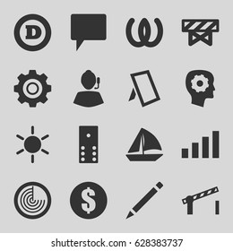 Web icons set. set of 16 web filled icons such as sun, radar, barrier, d letter, gear in head, pen, sailboat, chat, photo, gear, road barrier, signal, support, domino, omega