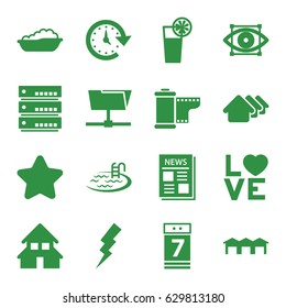 Web icons set. set of 16 web filled icons such as house, baby bath, star, pool, flash, love word, news, calendar 7 date, cocktail, camera tape, house building, garage, time