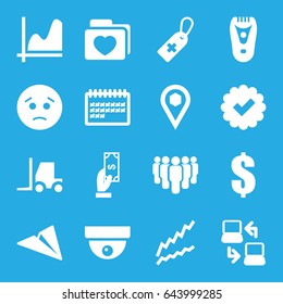Web icons set. set of 16 web filled icons such as electric razor, payment, tractor, sad emot, medical cross tag, calendar, location, folder with heart, laptop connection