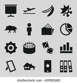 Web icons set. set of 16 web filled icons such as hog, plane taking off, cake, peas, board, document in folder, photo, house building, home on phone display