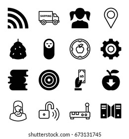 Web icons set. set of 16 web filled and outline icons such as berry, baby food, girl, payment, book, wi-fi, gear, server, target, apple download, customer support