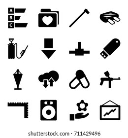 Web icons set. set of 16 web filled icons such as ruler, flag, graph, garden hammer, harden hose, folder with heart, flash drive, meat, download upload cloud, statistic