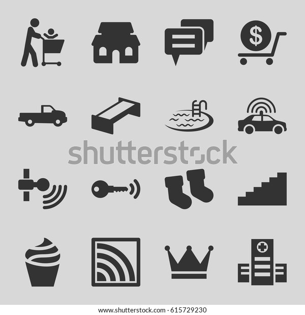 Web icons set. set of\
16 web filled icons such as garden bench, car, police car, baby\
socks, cream, pool, dollar, hospital, wi-fi, house building, key,\
stairs, chat, crown
