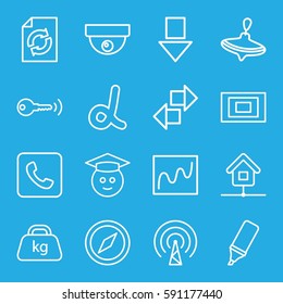 web icons set. Set of 16 web outline icons such as whirligig, reload, weight, call, highlighter, photo, home, signal, key, graduate emoji, security camera, compass, alpha