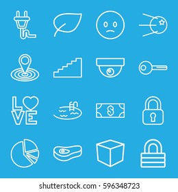 web icons set. Set of 16 web outline icons such as pool, lock, map location, love word, pie chart, key, meat, plug, sad emot, money, box, security camera, leaf, stairs