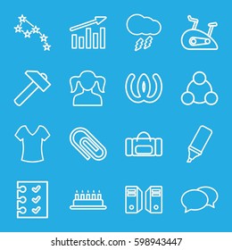 web icons set. Set of 16 web outline icons such as girl, shirt, chat, hummer, checklist, highlighter, thunderstorm, connection, server, exercise bike, omega, constellation