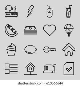 Web icons set. set of 16 web outline icons such as baby toy, cream, lawn mower, mouse, flash, soda, lemon, file, home, key, listening device, menu, money, heart