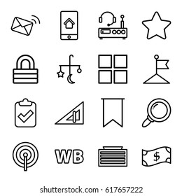 Web icons set. set of 16 web outline icons such as business center building, triangle ruler, bed mobile, flag, lock, star, WB, home on phone display, mail, listening device
