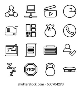 Web icons set. set of 16 web outline icons such as airport, business center building, lawn mower, grid, stop, pen tool on tablet, play, sack, add user, circle, laptop