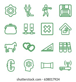 Web icons set. set of 16 web outline icons such as ruler, heart, diskette, binder, panorama mode, home lock, plug, router, horse, karate, euro, cancel, purse, gear in head