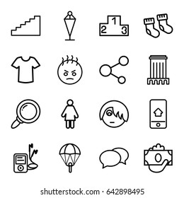 Web icons set. set of 16 web outline icons such as baby socks, chat, t-shirt, flag, share, mp3 player, builidng, home on phone display, ranking, angry emot, emo emot, stairs