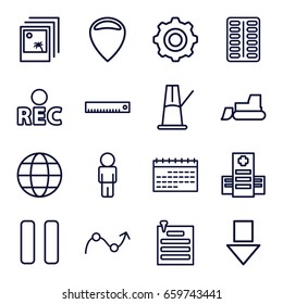 Web icons set. set of 16 web outline icons such as tractor, hospital, pill, rec, pause, paper pin, globe, graph, photo, gear    sign symb, pendulum, ruler, arrow down, user