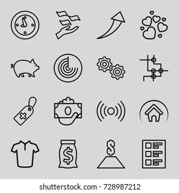 Web icons set. set of 16 web outline icons such as radar, pig, money on hand, t-shirt, medical cross tag, heart, checklist, gear, home, clock, arrow up, dollar, money sack