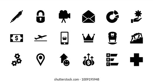 Web icons. set of 18 editable filled web icons: plane taking off, pen, gear, stairs, location, statistic, camera, envelope, medical cross, crown, money up, pie chart, money