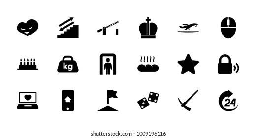 Web icons. set of 18 editable filled web icons: cake, stairs, weight, laptop with heart, heart, mouse, bread, home on phone display, hammer, crown, lock, plane taking off