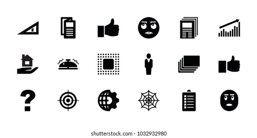 Web icons. set of 18 editable filled web icons: spider web, news, like, question, rolling eyes emot, clobe gear, newspaper, bell, chip, thumbs up, triangle ruler, photos
