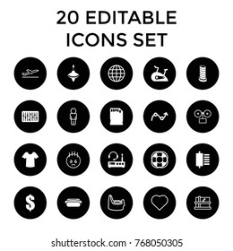 Web icons. set of 20 editable filled and outline web icons such as t-shirt, dollar, fan, slider, memory card, hot dog, exercise bike, graph, listening device