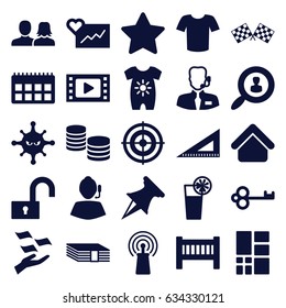 Web icons set. set of 25 web filled icons such as house building, baby bed, baby onesie, man and woman, money on hand, t-shirt, ruler, bacteria, signal, cocktail, grid