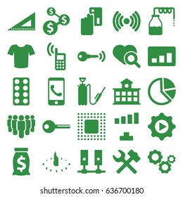 Web icons set. set of 25 web filled icons such as canister, t-shirt, signal, ruler, harden hose, heart search, pill, play in gear, building, key, chip, gear, phone, sundial