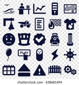 Web icons set. set of 25 web filled icons such as business center building, baby food, finger pressing play button, dirty laundry, cpu, truck, sad emot, fence, bacteria