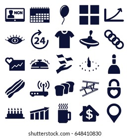 Web icons set. set of 25 web filled icons such as 24 hours, whirligig, spa bag, eye, money on hand, heart lock, camera tape, bacon, bread, bell, router, map location, graph