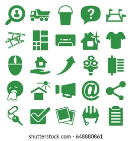 Web icons set. set of 25 web filled icons such as helmet, key, home care, clean house, t-shirt, truck, vomiting emot, bucket, house under sun, share, megaphone, cassette