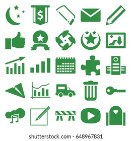 Web icons set. set of 25 web filled icons such as key, pencil, barrier, hacksaw, hospital, moon and stars, music cloud, chart, paper and pen, truck, signal, trash bin, play