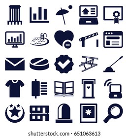 Web icons set. set of 25 web filled icons such as door with heart, pool, mail, pill, minus favorite, arm lever, browser, chart, photo, camera tape, photo album, house building