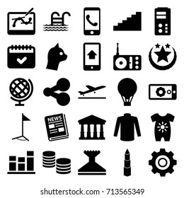 Web icons set. set of 25 web filled icons such as plane taking off, court, baby onesie, window squeegee, sweater, calendar, radio, chart, news, gear on display, building