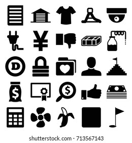 Web icons set. set of 25 web filled icons such as canister, garden bench, man, d letter, t-shirt, lock, banana, fan, folder with heart, thumb up, stop, document, waterslide