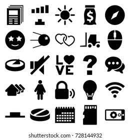 Web icons set. set of 25 web filled icons such as house, signal, tractor, happe emoji with star eyes, pill, love word, heart, chat, music pause, no sound, mouse, memory card