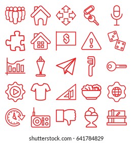 Web icons set. set of 25 web outline icons such as triangle ruler, parcel, key, t-shirt, clamp, ice cream ball, microphone, play in gear, chart, home, food, warning, time