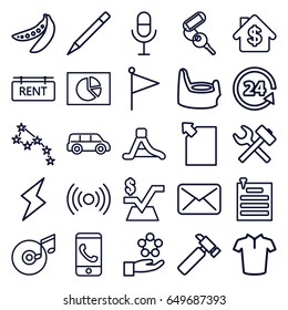 Web icons set. set of 25 web outline icons such as baby potty, key, t-shirt, mathematical square, hummer, pen, peas, 24 support, microphone, paper pin, disc and music note