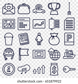 Web icons set. set of 25 web outline icons such as police car, helmet, pitchfork, bucket, love letter, music cloud, document, calendar, news, photo, parking, global home, info