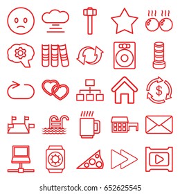 Web icons set. set of 25 web outline icons such as house building, business center building, money, garden hammer, structure, heart, update, fast forward, reload replay